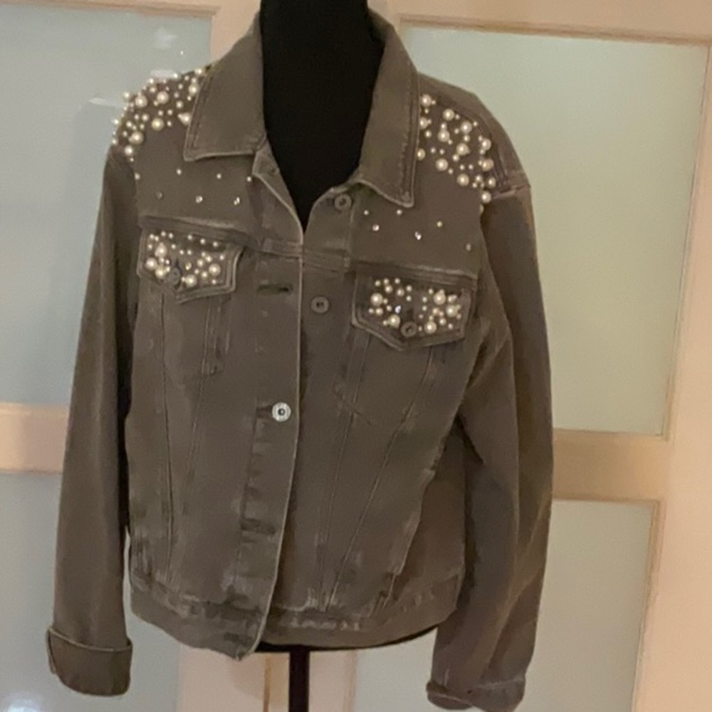 Umgee Gray Jean Jacket with Rhinestone Embellishments